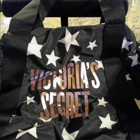 🆕$58 VICTORIA'S SECRET Sparkle Black & rose gold carryall fold up Tote Bag - Picture 2 of 4